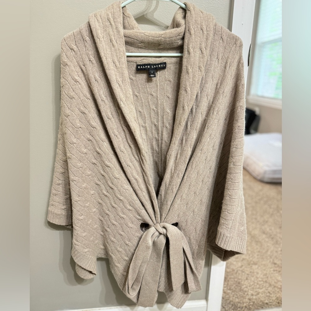 Ralph Lauren Tan Cable Knit Cardigan with Shawl Collar